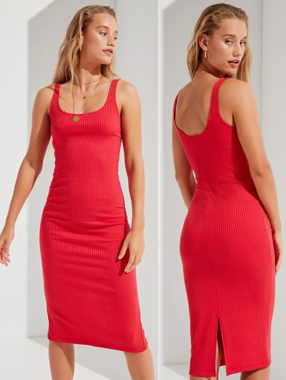 Urban Outfitters Red Bella‎ Ribbed Bodycon Midi Dress with Slit Large